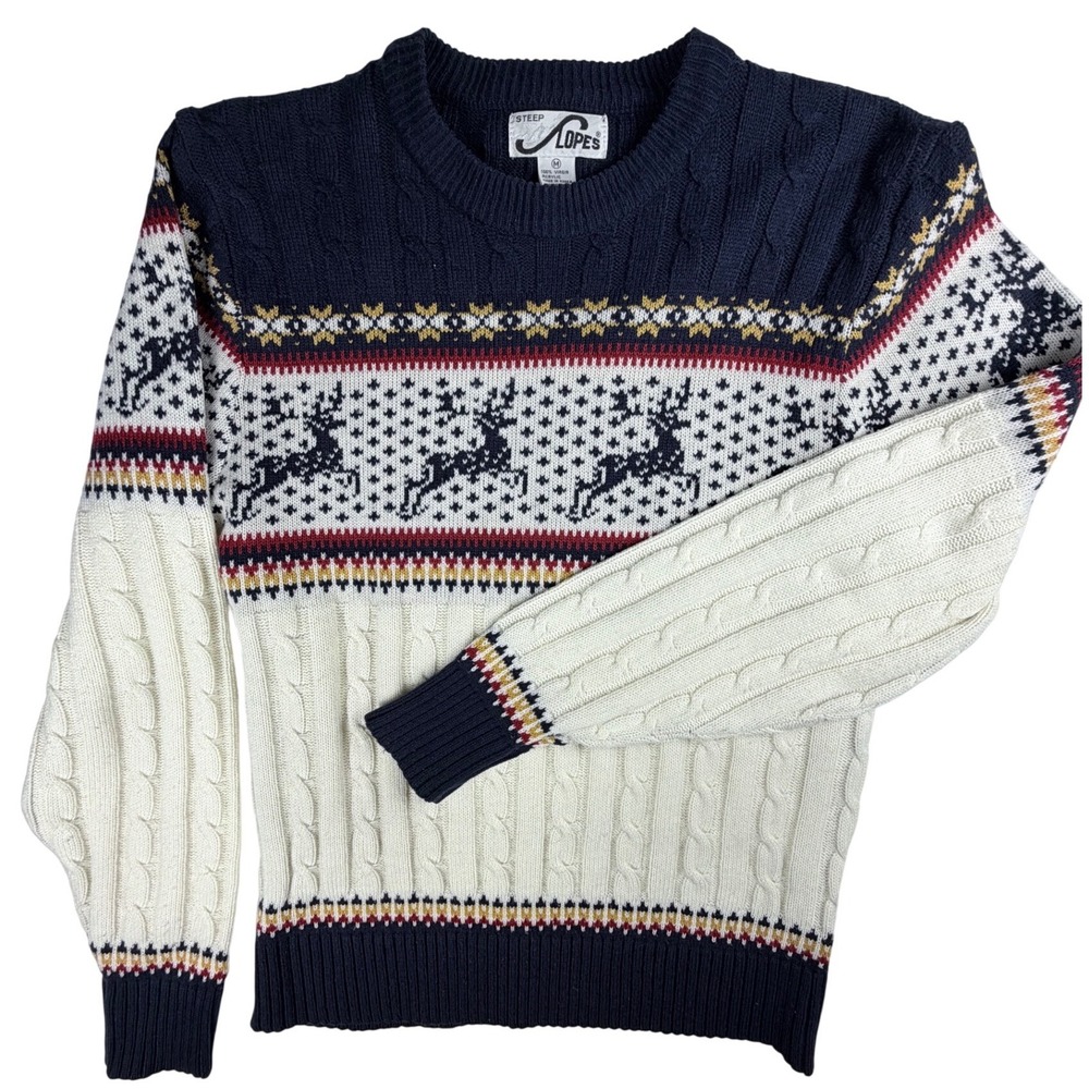 Steep Slopes Vintage Reindeer Fair Isle Cable Knit Sweater Mens Med Navy Cream